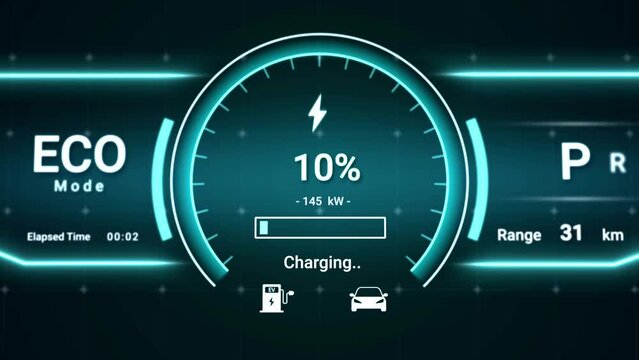 Battery charging status interface on electric vehicle using DC fast charger from charging station, futuristic smart HUD power level indicator UI display for EV industry technology 3d rendering