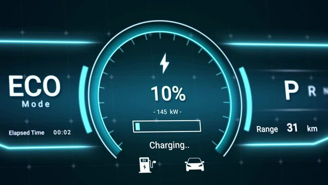 Battery charging status interface on electric vehicle using DC fast charger from charging station, futuristic smart HUD power level indicator UI display for EV industry technology 3d rendering