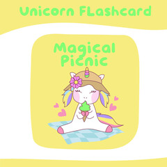 Printable flashcard collection with cute unicorn theme. Vector illustration.