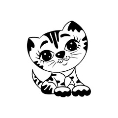 A cute cat character, a sweet little kitty with stripes, a black and white hand-drawn kitten illustration 