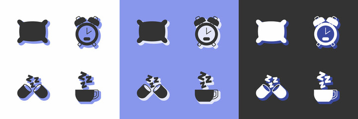 Set Chamomile tea, Pillow, Sleeping pill and Alarm clock icon. Vector