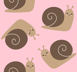 Vector seamless pattern of flat hand drawn snail isolated on pink background
