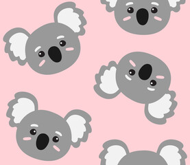 Vector seamless pattern of flat hand drawn koala face head isolated on pink background