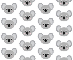 Vector seamless pattern of flat hand drawn koala face head isolated on white background