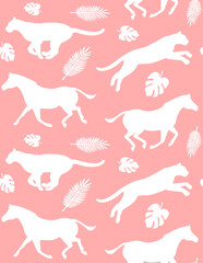 Vector seamless pattern of flat hand drawn leopard and zebra silhouette isolated on pink background