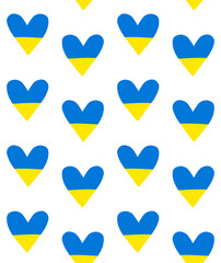 Vector seamless pattern of hand drawn doodle sketch Ukraine flag heart isolated on white background