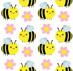 Fototapeta premium Vector seamless pattern of flat hand drawn bumblebee bee and flower isolated on white background