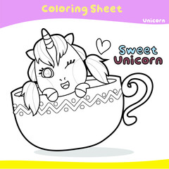 Coloring worksheet for children. Unicorn theme. Vector illustrations.