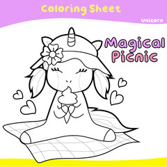 Coloring worksheet for children. Unicorn theme. Vector illustrations.