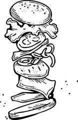 Tasty juicy hamburger for fast food lunch, outdoor picnic. Junk food sandwich with meat in cafe menu, restaurant kitchen. Hand drawn retro vintage vector illustration. Comics cartoon style drawing. 