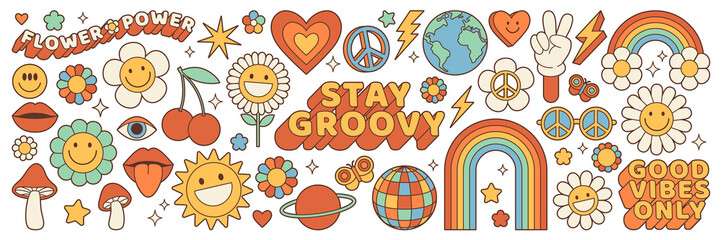 Groovy hippie 70s set. Funny cartoon flower, rainbow, peace, Love, heart, daisy, mushroom etc. Sticker pack in trendy retro psychedelic cartoon style. Isolated vector illustration. Flower power. - obrazy, fototapety, plakaty