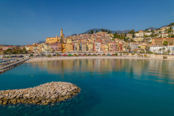 Fototapeta na wymiar Drone view of the colorful buildings in the city of Menton-Côte d'Azur / France