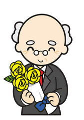 花束を持った笑顔のおじいさん