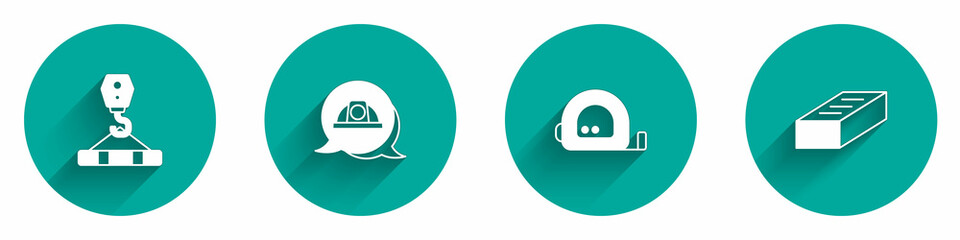 Set Crane hook, Worker safety helmet, Roulette construction and Brick icon with long shadow. Vector