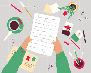 Female hands hold a handwritten letter over the desktop. A woman reads a love message. Traditional mail. Photos, pencils, pens, an envelope are on the desktop. Flat vector illustration