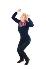Success woman dancing and celebrating standing in full length. Isolated on white background. Natural beauty having fun.