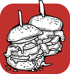 Tasty juicy hamburger for fast food lunch, outdoor picnic. Junk food sandwich with meat in cafe menu, restaurant kitchen. Hand drawn retro vintage vector illustration. Comics cartoon style drawing. 