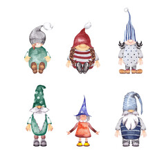Gnomes. Set of kids and adult. Teachers and pupils in Back to school theme. Watercolor hand painted isolated illustration on white background.