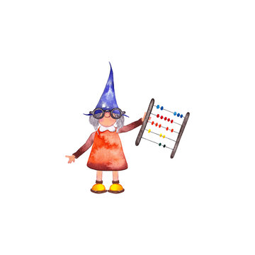 Teacher gnome woman in orange dress with abacus. Back to school theme. Watercolor hand painted isolated illustration on white background.