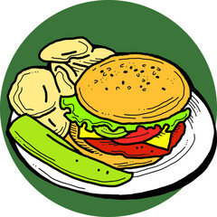 Tasty juicy hamburger for fast food lunch, outdoor picnic. Junk food sandwich with meat in cafe menu, restaurant kitchen. Hand drawn retro vintage vector illustration. Comics cartoon style drawing. 