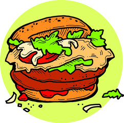 Tasty juicy hamburger for fast food lunch, outdoor picnic. Junk food sandwich with meat in cafe menu, restaurant kitchen. Hand drawn retro vintage vector illustration. Comics cartoon style drawing. 