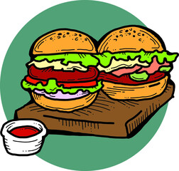 Tasty juicy hamburger for fast food lunch, outdoor picnic. Junk food sandwich with meat in cafe menu, restaurant kitchen. Hand drawn retro vintage vector illustration. Comics cartoon style drawing. 