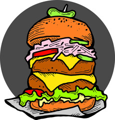 Tasty juicy hamburger for fast food lunch, outdoor picnic. Junk food sandwich with meat in cafe menu, restaurant kitchen. Hand drawn retro vintage vector illustration. Comics cartoon style drawing. 