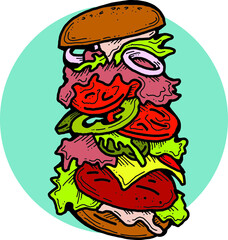 Tasty juicy hamburger for fast food lunch, outdoor picnic. Junk food sandwich with meat in cafe menu, restaurant kitchen. Hand drawn retro vintage vector illustration. Comics cartoon style drawing. 