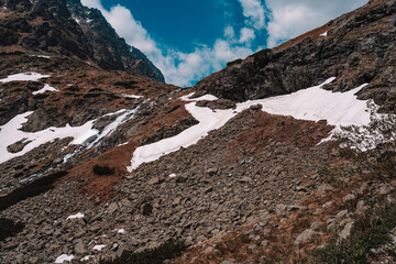 View of High Tatras mountain range near Velické pleso. 