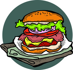 Tasty juicy hamburger for fast food lunch, outdoor picnic. Junk food sandwich with meat in cafe menu, restaurant kitchen. Hand drawn retro vintage vector illustration. Comics cartoon style drawing. 
