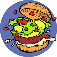 Tasty juicy hamburger for fast food lunch, outdoor picnic. Junk food sandwich with meat in cafe menu, restaurant kitchen. Hand drawn retro vintage vector illustration. Comics cartoon style drawing. 