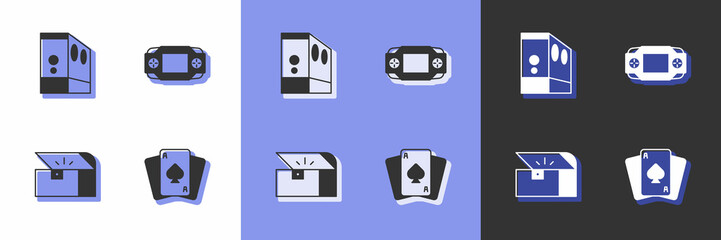 Set Playing cards, Case of computer, Chest for game and Portable video console icon. Vector