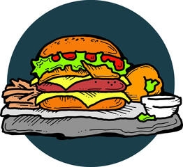 Tasty juicy hamburger for fast food lunch, outdoor picnic. Junk food sandwich with meat in cafe menu, restaurant kitchen. Hand drawn retro vintage vector illustration. Comics cartoon style drawing. 
