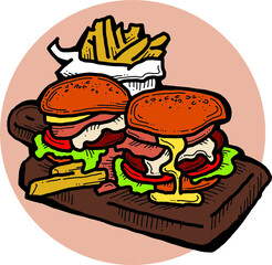 Tasty juicy hamburger for fast food lunch, outdoor picnic. Junk food sandwich with meat in cafe menu, restaurant kitchen. Hand drawn retro vintage vector illustration. Comics cartoon style drawing. 