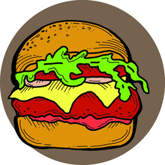 Tasty juicy hamburger for fast food lunch, outdoor picnic. Junk food sandwich with meat in cafe menu, restaurant kitchen. Hand drawn retro vintage vector illustration. Comics cartoon style drawing. 