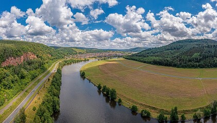 Drone panorama over river Main in Germany