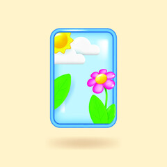 Flower and leaves on mobile phone screen. Flower Online Shop sign. Realistic 3d objects