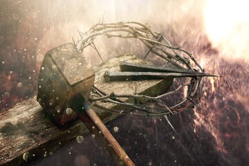 Holy and Good Concept - crown of thorns and cross on texture background.
