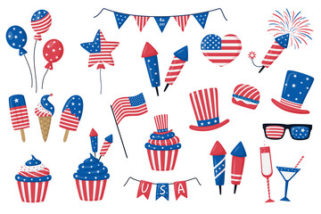 4th July festive vector big set isolated on white background. USA Independence Day elements with American flag, sweets, balloons, fireworks, glasses, garland, hats. For Poster, Banner, web template