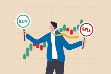 Buy or sell in stock market and crypto currency trading, investment decision, wealth management or financial concept, businessman investment analyst holding buy or sell sign with candlestick chart. - obrazy, fototapety, plakaty