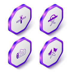 Set Isometric Metallic nail, Electric circular saw, Wooden log and axe icon. Purple hexagon button. Vector