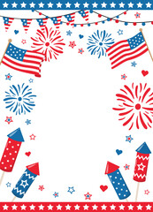 Obraz premium 4th of July patriotic border frame with US national colors fireworks, flags, and sparks, isolated on white background. Design for American Independence Day party invitations or posters.