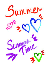 Watercolor inscriptions "Summer time", "Summer" and heart symbols with joyful splashes on the sides. Bright inscriptions on a black, white background. Marker inscriptions.