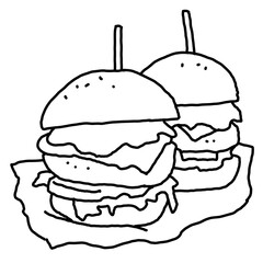 Tasty juicy hamburger for fast food lunch or outdoor picnic. Junk food sandwich with meat in cafe menu, restaurant kitchen. Hand drawn black and white illustration. Comics cartoon style line drawing. 