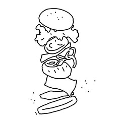 Tasty juicy hamburger for fast food lunch or outdoor picnic. Junk food sandwich with meat in cafe menu, restaurant kitchen. Hand drawn black and white illustration. Comics cartoon style line drawing. 