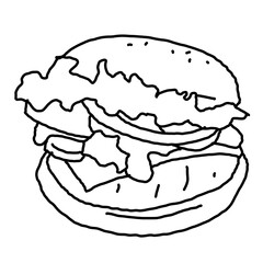 Tasty juicy hamburger for fast food lunch or outdoor picnic. Junk food sandwich with meat in cafe menu, restaurant kitchen. Hand drawn black and white illustration. Comics cartoon style line drawing. 