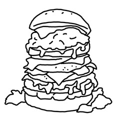 Tasty juicy hamburger for fast food lunch or outdoor picnic. Junk food sandwich with meat in cafe menu, restaurant kitchen. Hand drawn black and white illustration. Comics cartoon style line drawing. 