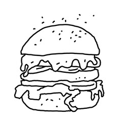 Tasty juicy hamburger for fast food lunch or outdoor picnic. Junk food sandwich with meat in cafe menu, restaurant kitchen. Hand drawn black and white illustration. Comics cartoon style line drawing. 