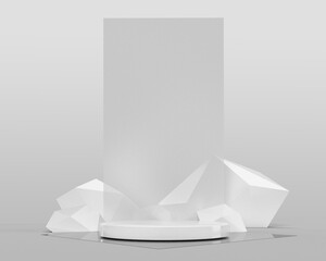  Cosmetic background for product presentation, white podium display on white rock. 3d render