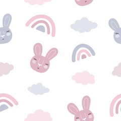 seamless cute childish pattern with bunnies rainbows and clouds